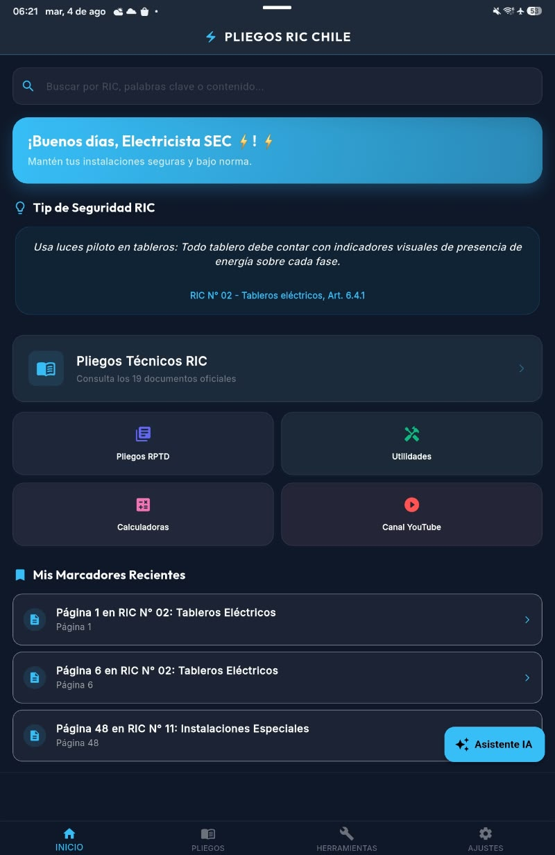 Pantalla de inicio de la app