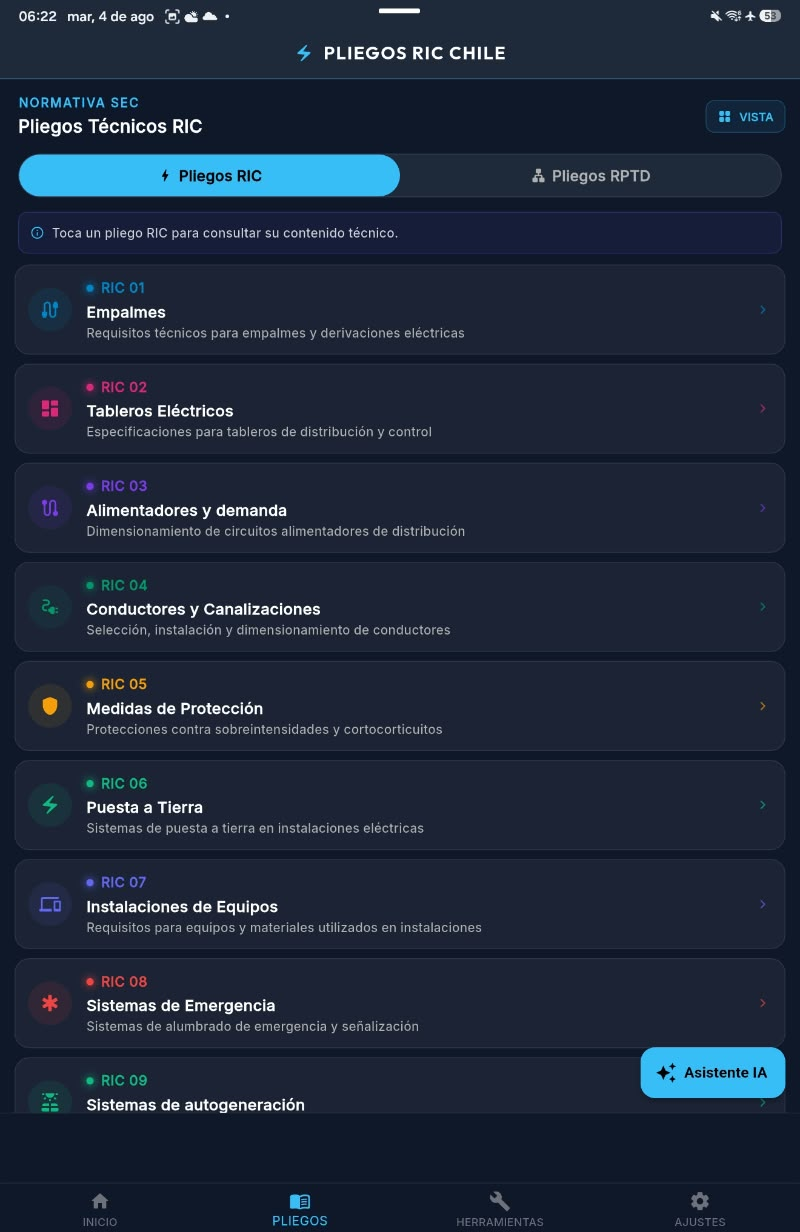 Lista de Pliegos RIC de la app